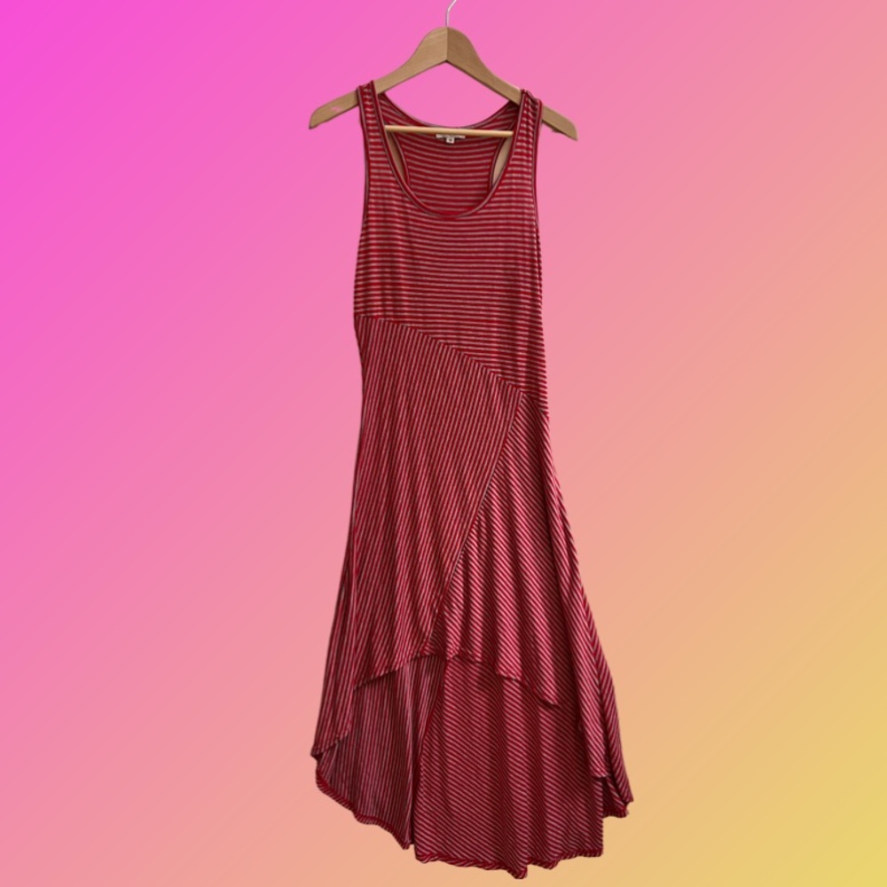 Striped Red Gray High-Low Maxi Sleeveless Dress